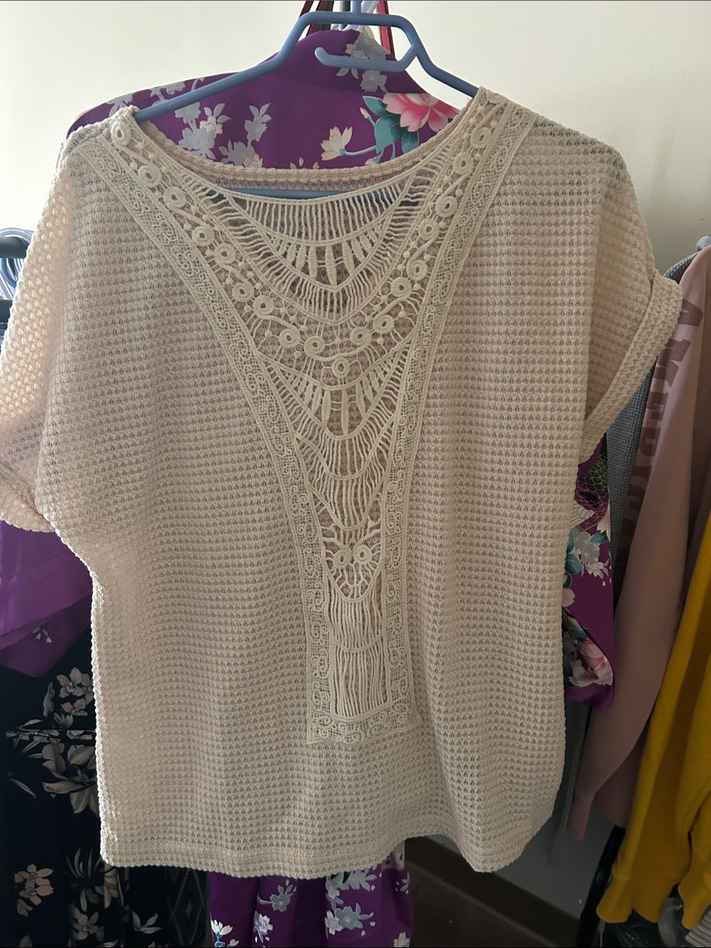 Women's Cream Crochet-Panel Knit Top - Lightweight Summer Tee